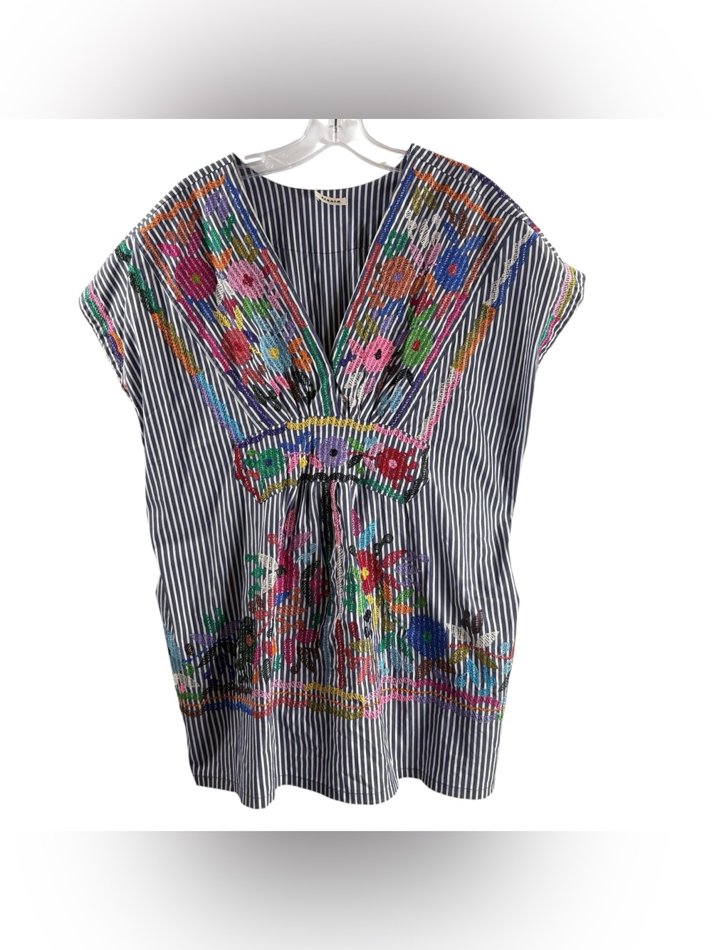 PAROSH BLUE/MULTI STRIPE SHORT SLEEVE TUNIC COTTON BLEND TOP $236